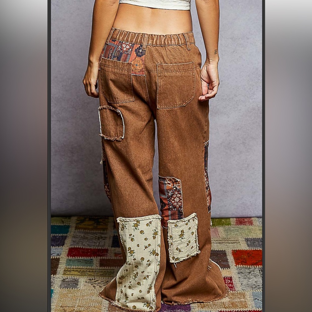 POL Brown Patchwork Wide-Leg Pants with Printed Patches - Picture 2 of 14